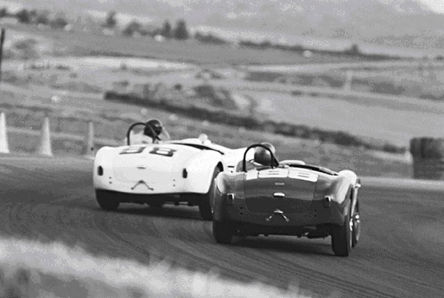 Dave MacDonald races the Carroll Shelby Cobra 260ci to its first ever win at Riverside International Raceway